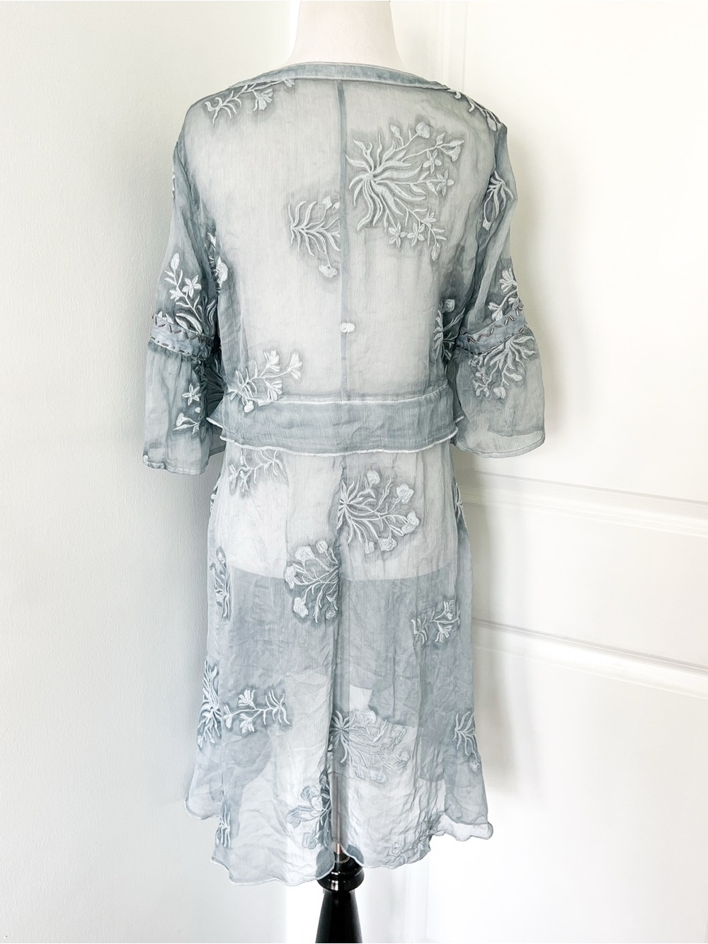 Embroidered Sheer Boho Tunic Dress in Dusty Blue - Picture 4 of 4